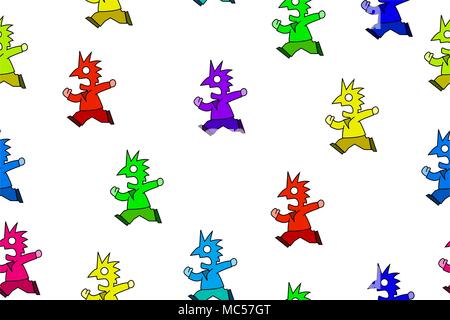 Colorful humorous symbolic running people, seamless vector texture pattern, horizontal, over white Stock Vector