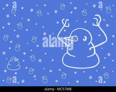 Snowmen stylized cartoon figure line drawings, horizontal, vector illustration Stock Vector