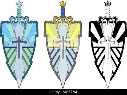 Sword over shield hand drawn vector design, colored and black and white versions, isolated Stock Vector