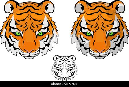 Small tiger head vector drawing, colored and black and white versions Stock Vector