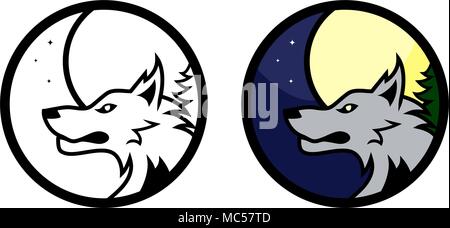 Round vector wolf emblem, colored and black and white versions Stock Vector