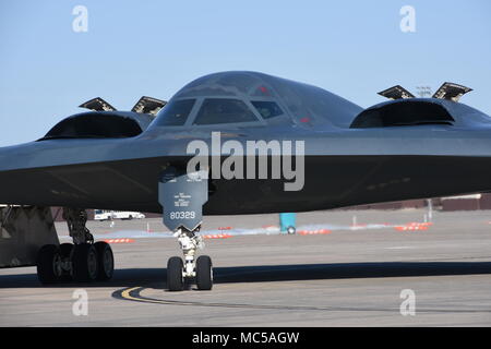 The Spirit of Missouri, the B-2 Flagship of the Missouri Air National Guard's 131st Bomb Wing, returns from a recent training mission, at Whiteman Air Force Base, Missouri, Feb 25, 2018. (U.S. Air National Guard photo by Senior Master Sgt. Mary-Dale Amison) Stock Photo