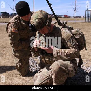 Spc. Joshua Wilson, (right) a fire support specialist with 3rd Battalion, 6th Field Artillery Regiment, 1st Brigade Combat Team, 10th Mountain Division (LI), navigates the new Precision Fires - Dismounted system with a stylus at the Mission Training Center here at Fort Drum, April 5, 2018. Soldiers will now be able to view live-streaming full-motion video from unmanned aerial vehicles through an app on approved smartphones. Dismounted Soldiers will get 3-D digital maps and the ability to send precision target coordinates. The hardware is also less expensive than the previous version. Stock Photo