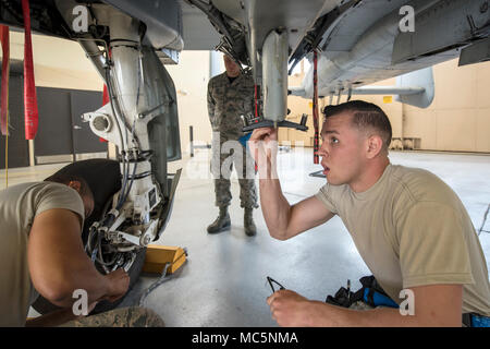 Airman 1st Class Alex Kraemer, right, 74th Aircraft Maintenance Unit (AMU) weapons load crewmember, inspects a component on an A-10C Thunderbolt II during a weapons-load competition, April 6, 2018, at Moody Air Force Base, Ga. During the load portion of the competition Airmen from the 74th and 75th AMU were assessed on their ability to quickly and efficiently load munitions onto an A-10. They were also judged on dress and appearance and a written test based on munitions knowledge. (U.S. Air Force photo by Airman Eugene Oliver) Stock Photo