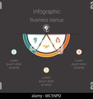 Dark infographic colorful semicircle 3 positions step by step processes. Vector template for startup business concept Stock Vector