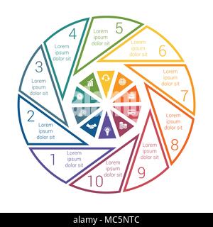 Pie chart on white background from line for 10 options. Template Infographics for business projects. Stock Vector
