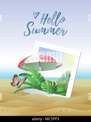 Hello Summer concept. Photo frame, tropical leaves, butterfly and beach umbrella on the sand beach. Vector illustration. Stock Vector