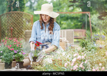 Pretty woman in a straw hat on her head, planting red flowers during gardening work on terrace Stock Photo