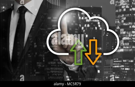 Cloud concept is shown by businessman. Stock Photo