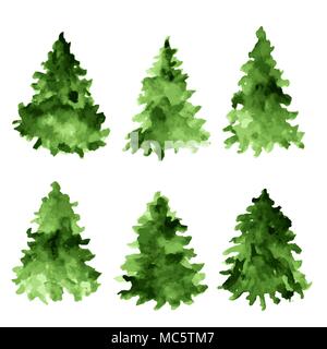Set of green watercolor spruces. Fir tree collection. Stock Vector