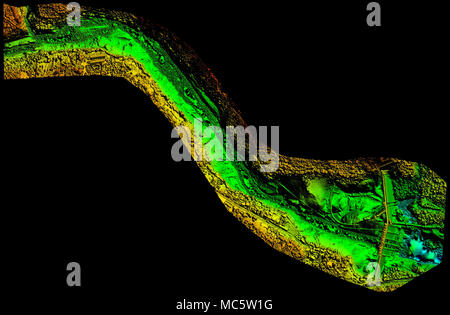 A 3D topographic scan visualizes a winding riverbed and adjacent landforms using color-coded elevation data. Bright green indicates lower elevations, while yellow and orange represent higher terrain Stock Photo