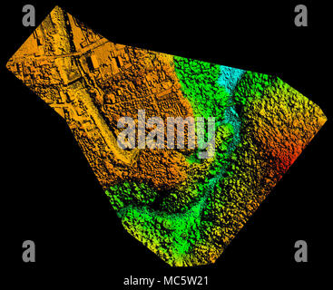 A color-coded topographic representation showing elevation changes across a mixed landscape. The left portion displays a dense urban area with grid-like structures in orange and yellow tones, while Stock Photo