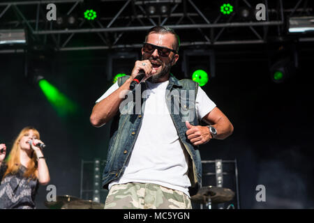 The swiss rapper and musician Marco Bliggensdorfer alias Bligg live at the 26th Heitere Open Air in Zofingen, Aargau Stock Photo