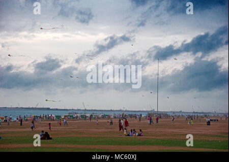 Kites flying on beach Galle Face Green in Colombo Sri Lanka Stock Photo