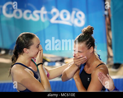 Scotland's Grace Reid (right) celebrates Gold in the Women's 1m Springboard Final at the Optus Aquatic Centre during day nine of the 2018 Commonwealth Games in the Gold Coast, Australia. Stock Photo