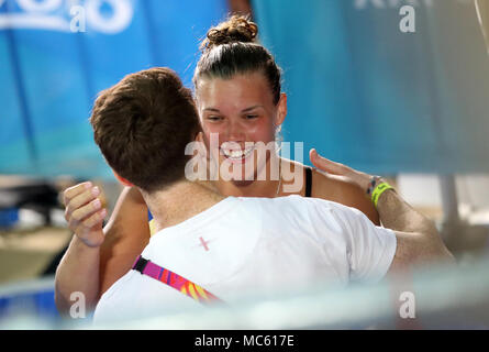 Scotland's Grace Reid celebrates Gold in the Women's 1m Springboard Final at the Optus Aquatic Centre during day nine of the 2018 Commonwealth Games in the Gold Coast, Australia. Stock Photo