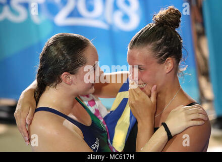 Scotland's Grace Reid (right) celebrates Gold in the Women's 1m Springboard Final at the Optus Aquatic Centre during day nine of the 2018 Commonwealth Games in the Gold Coast, Australia. Stock Photo