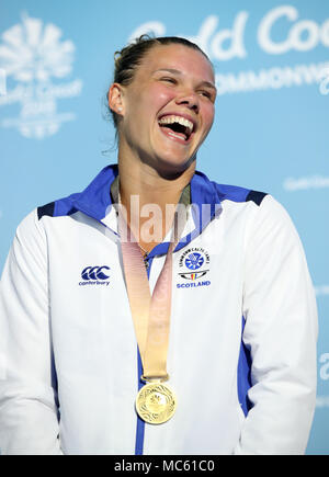 Scotland's Grace Reid celebrates with her Gold medal in the Women's 1m Springboard Final at the Optus Aquatic Centre during day nine of the 2018 Commonwealth Games in the Gold Coast, Australia. Stock Photo