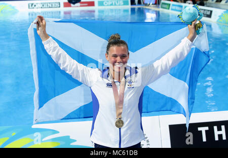 Scotland's Grace Reid celebrates with her Gold medal in the Women's 1m Springboard Final at the Optus Aquatic Centre during day nine of the 2018 Commonwealth Games in the Gold Coast, Australia. Stock Photo