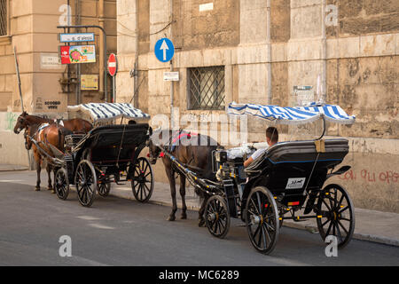 Horse drawn carriage taxis in Palermo, Sicily, Italy, parked up in Via Maqueda by Fontana Pretoria and near the hub of the city Quattro Canti. Stock Photo