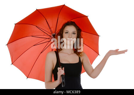 Young woman with red umbrella checking if it's raining, isolated on white background Stock Photo