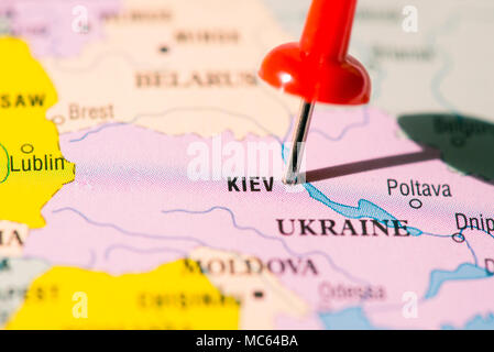 Pin marking Kiev, on Ukraine map (Kiev is the location city of the Football Champions League 2018-2019 final) Stock Photo