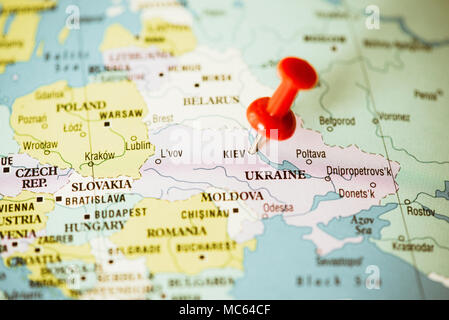 Ukraine and East Europe political map, red pin on Kiev Stock Photo