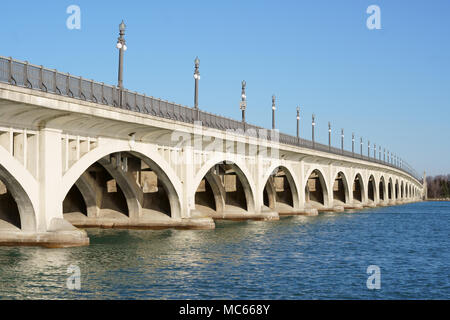 The white bridge from Detroit to Belle Isle at sunrise. Stock Photo