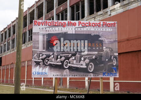 Detroit, Michigan/USA, April 6th, 2018 : A  "Revitalizing the Packard Plant" sign in front of the old abandoned Packard factory. Stock Photo