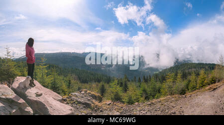 Young brunette woman standing with her dog on a high rock, admiring the view of the mountains and cloudscape in the northern Black Forest, Germany. Stock Photo