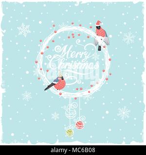 christmas background with wreath and funny bullfinches Stock Vector