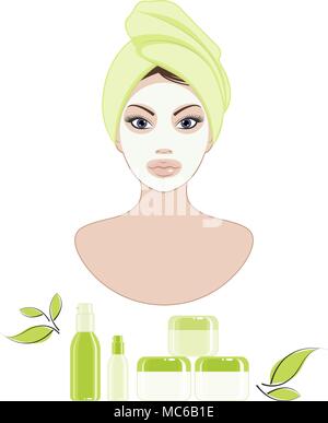 young woman caring for her face using a cosmetic products Stock Vector