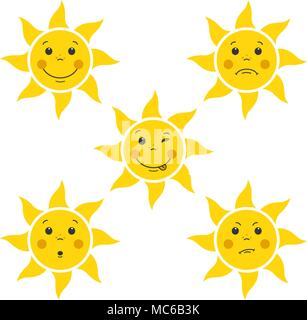 funny cartoon little faces sun on a white background Stock Vector