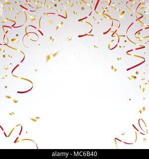 congratulatory background with gold confetti and festive red  ribbons Stock Vector