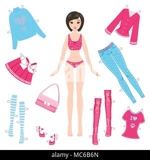 Paper doll with set of clothes on a white background Stock Vector