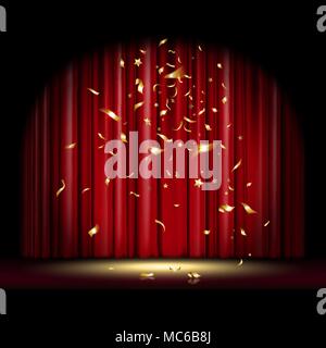 theatrical scene with red curtain and falling gold confetti Stock Vector