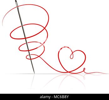 sewing needle with red thread on white background Stock Vector