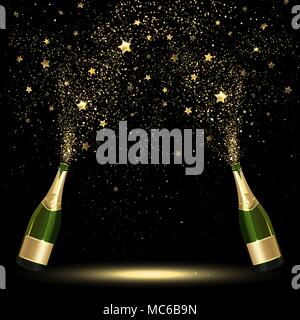 spray bottle of champagne golden confetti on a black background Stock Vector