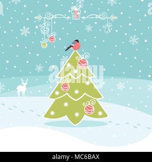 winter background with Christmas tree and bullfinch Stock Vector