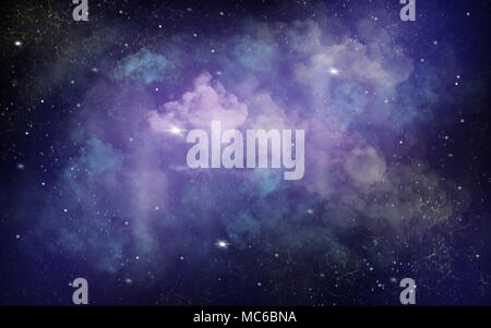 Blue and purple space illustration background with a shining bright white stars and gas clouds 2d raster high resolution illustration Stock Photo