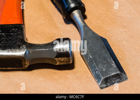 hammer and chisel on the work bench Stock Photo