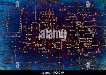 Abstract tech based on electronic schematic diagram of retro television. Makro. Grunge. Stock Photo