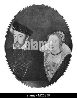 NOSTRADAMUS - HENRI II OF FRANCE AND CATHERINA DEI MEDICI Nineteenth-century Mezzotint engraving of the Portrait of Henri II and his wife, Catherine de' Medici. The original is in the Pitti Palace. Nostradamus famously prophecied the death of Henri in a duel: two or three years earlier, Nostradamus had dedicated to Henri his famous collection of Prophecies. Catherine was an ardent fan of Nostradamus, and commissioned him to cast the horoscopes of her children - the future rulers of France. During her progress through France, she called on Nostradamus at Salon, in Provence. He set out the Stock Photo