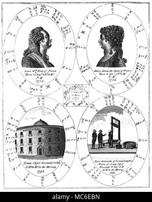 HOROSCOPES - MARIE ANTOINETTE AND LOUIS XVI A sophisticated copperplate, containing five related horoscopes, from Ebenezer Sibly, A New and Complete Illustration of the Occult Sciences: or the Art of foretelling future Events and Contingencies... 179... Louis XVI was born on 23 August, 1754: as the chart below indicates, he was executed on 21 January 1793. His wife, Marie Antoinette, was born on 2 November 1755, and (as is plain from the chart below, with the grisly detail of the guillotine), she was executted on 16 October 1793. The small central square horoscope is cast for the time Stock Photo