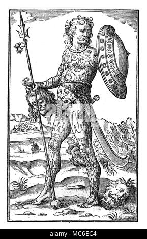 TATTOOS Woodcut of ancient British warrior, with body covered in tattoos. From John Speed, The Theatre of the Empire of Great Britain, 1676. Stock Photo