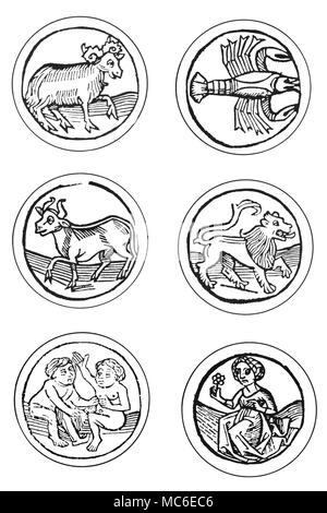 ZODIACS First six images of the zodiac signs: in columns - Aries, Taurus and Gemini - Cancer, Leo and Virgo. Woodcut roundels of the late 15th century. Stock Photo