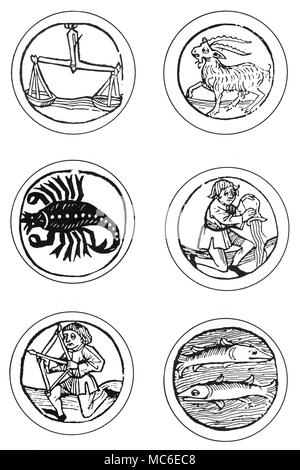 ZODIACS First six images of the zodiac signs: in columns - Libra, Scorpio, Sagittarius - Capricorn, Aquarius and Pisces. Woodcut roundels of the late 15th century. Stock Photo