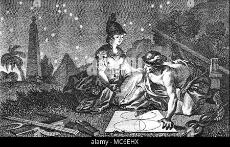 MYTHOLOGY - MERCURY Hermes (the Greek equivalent of Mercury) with Athena, the Greek goddess of Wisdom, exploring geometry. Note in the background the truncated pyramid. Vignette heading from Court de Gebelin, Le Monde Primitif, Analyse et Compare Avec le Monde Moderne, 1789. Stock Photo