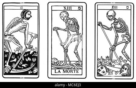 TAROT - THE DEATH CARD Three examples of the Death - the thirteenth card - from various Tarot decks. [Left] from the traditional French, Marseilles deck, which seems to go back to the eighteenth century. [Middle] from an Italian deck, of the late 19th century, La Morte - a deck often used in the game called Tarrochi, as well as for predicting the future. [Right] from the deck designed by the 19th century French symbolist, Oswald Wirth. Wirth ascribed numerous associations to the card - for instance, he insisted on linking it with the Hebrew letter Mem [top right]. As with the traditional M Stock Photo