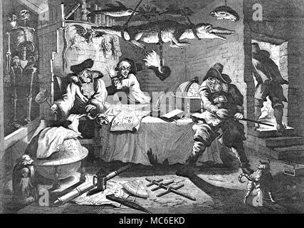 ASTROLOGY Hudibras consulting the astrologer Sidrophel - illustration from Butler's satirical poem, Hudibras [Part II], 1664. Some scholars suggest that Sidrophel was intended as a satirical refernce to Sir Paul Neal, who thought he had discovered an elephant in the moon, when in fact he had a mouse in his telescope. There is a telescope on the floor, lying over a horoscope: on the other side of the floor is a mouse trap. Whatever the identity of the quack astrologer, his study shows all the signs of quackery, from the suspended stuffed monsters and crocodile, to the human embryo behind t Stock Photo